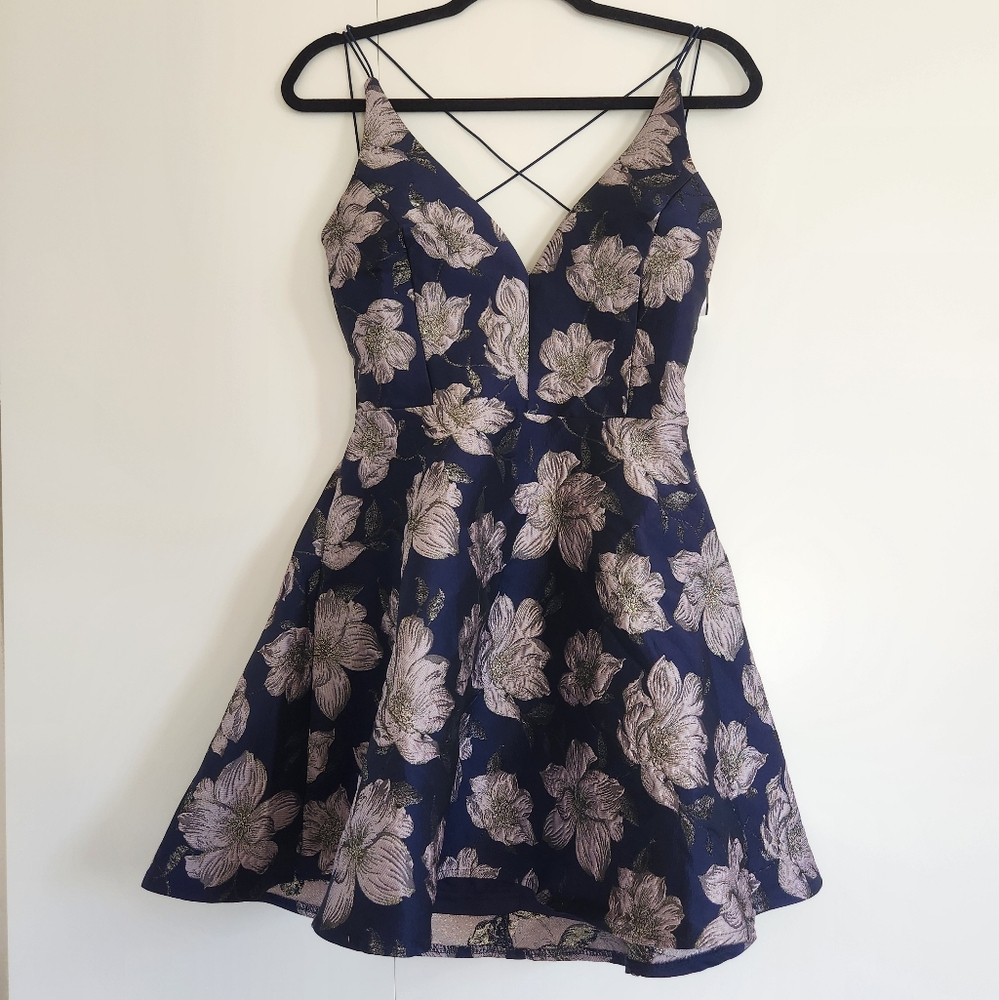 Lulus Night Bloom Floral Jacquard Fit Flare Dress M Navy Metallic NWT